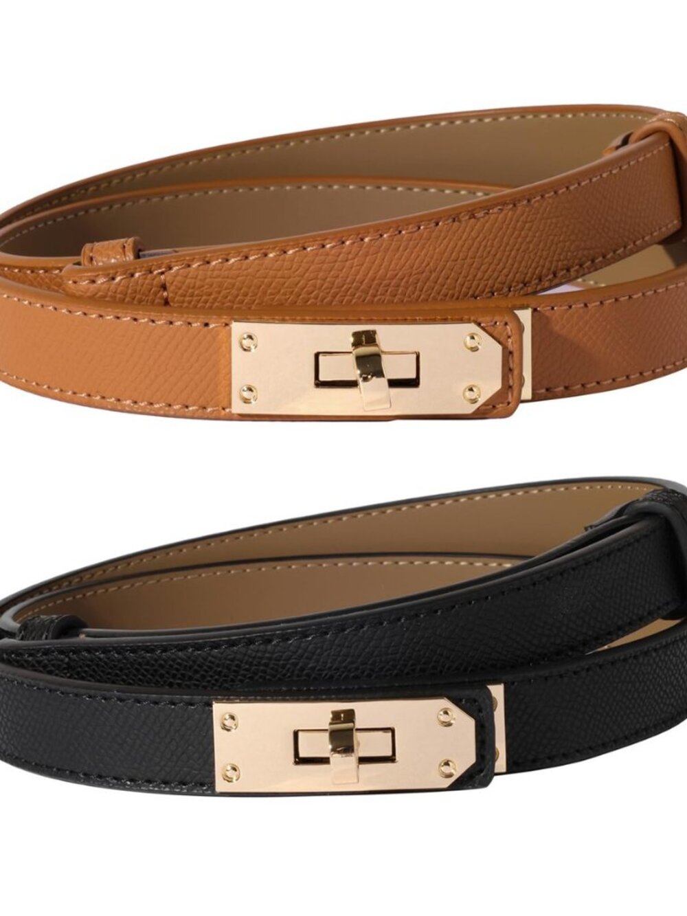Women Skinny Leather Belt Solid Color Alloy Turn Lock Adjustable Waistband for